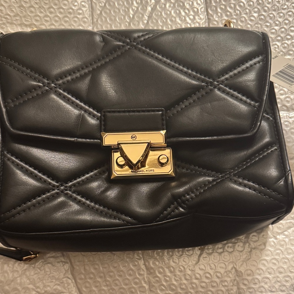 Michael Kors Black Quilted Crossbody Bag with Gold Hardware